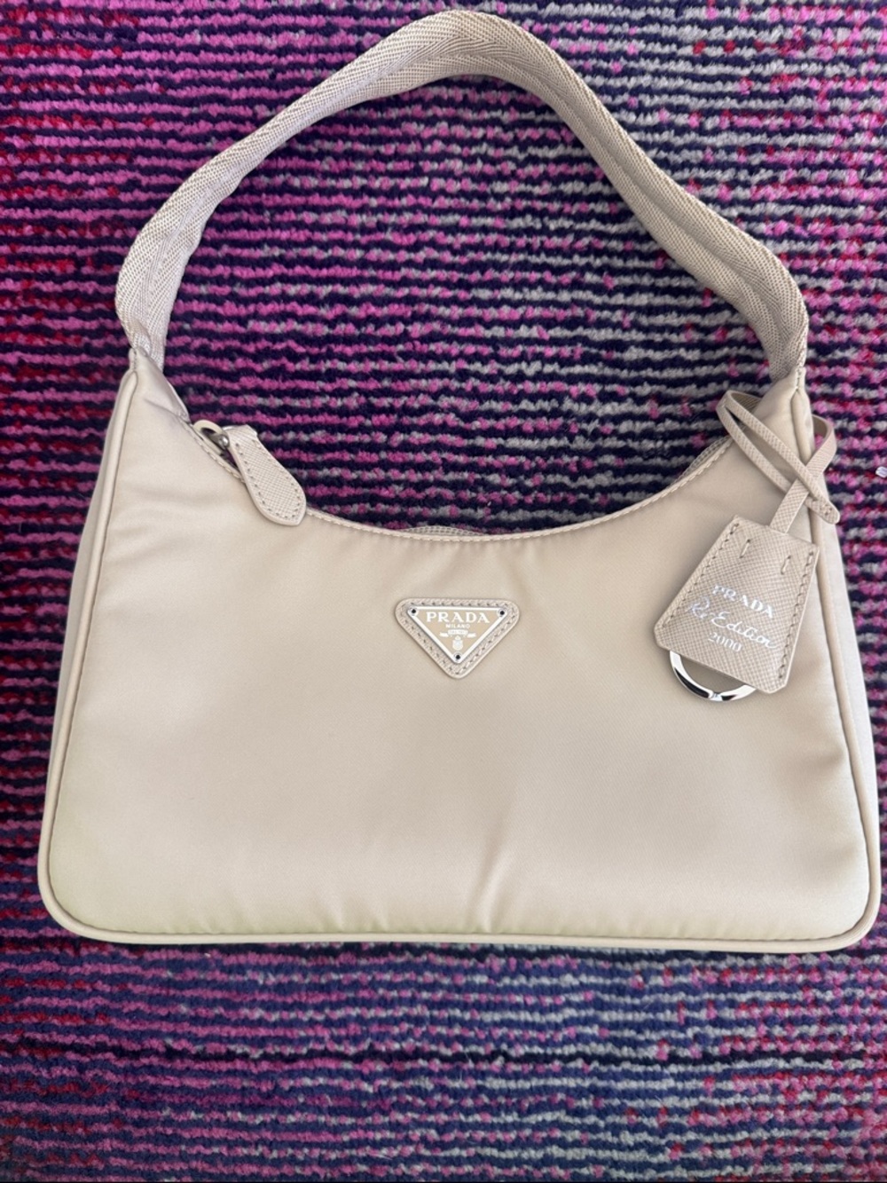 Prada Beige Nylon Shoulder Bag with Leather Tag- re-edition 2000